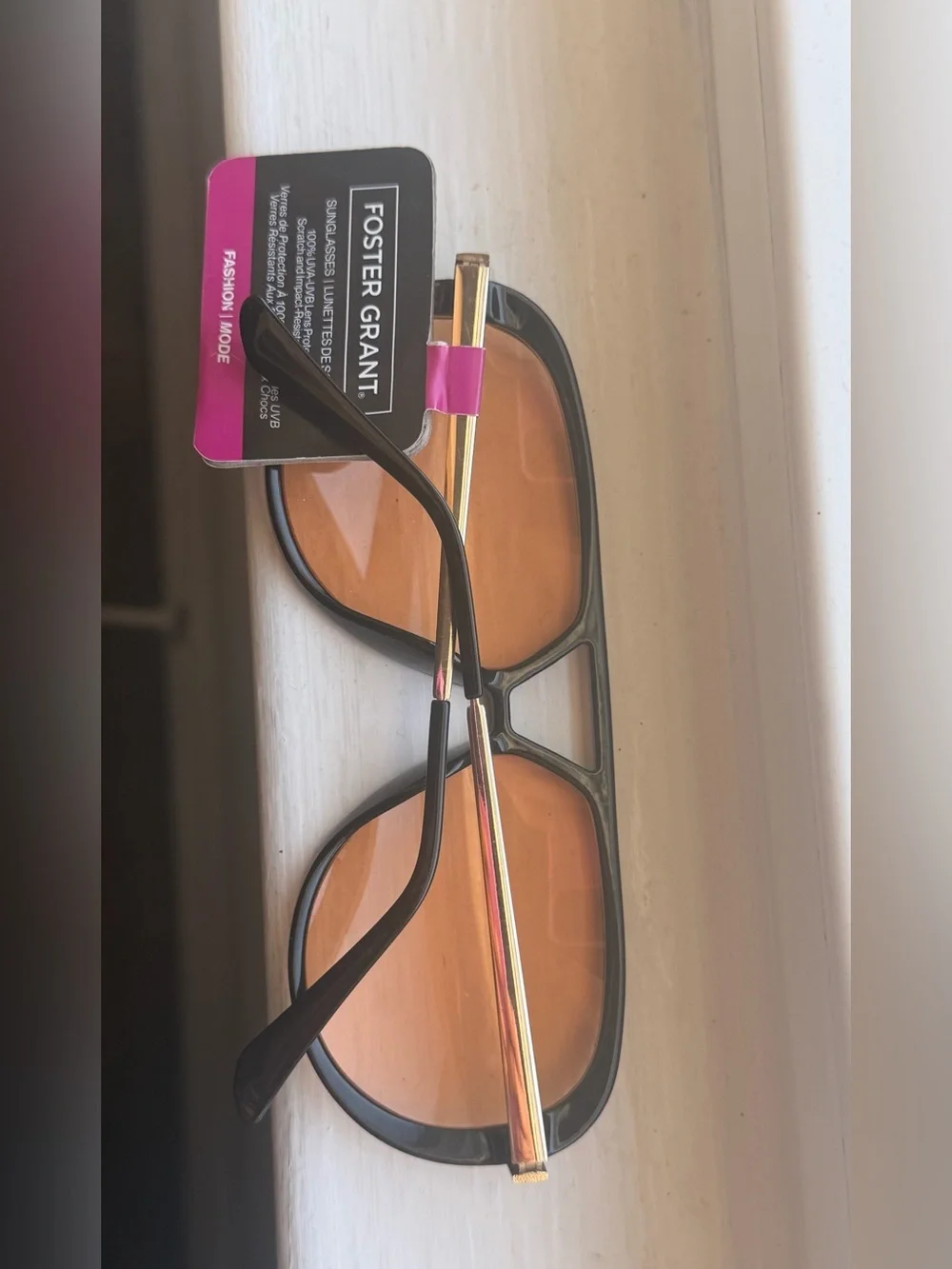 Foster Grant Black Frame Sunglasses with Amber Lenses and Gold Temples